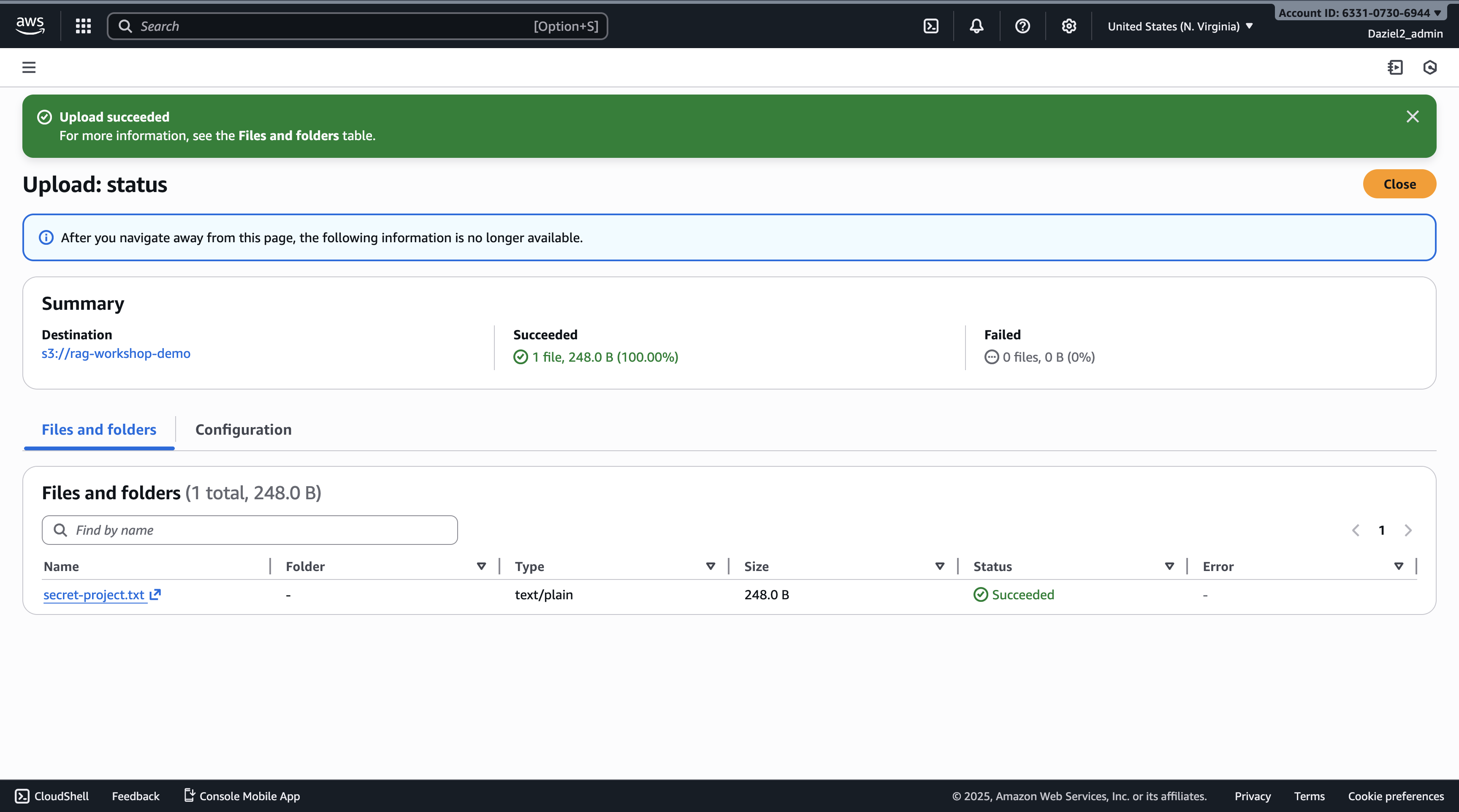 Image illustrating file successfully uploaded to S3