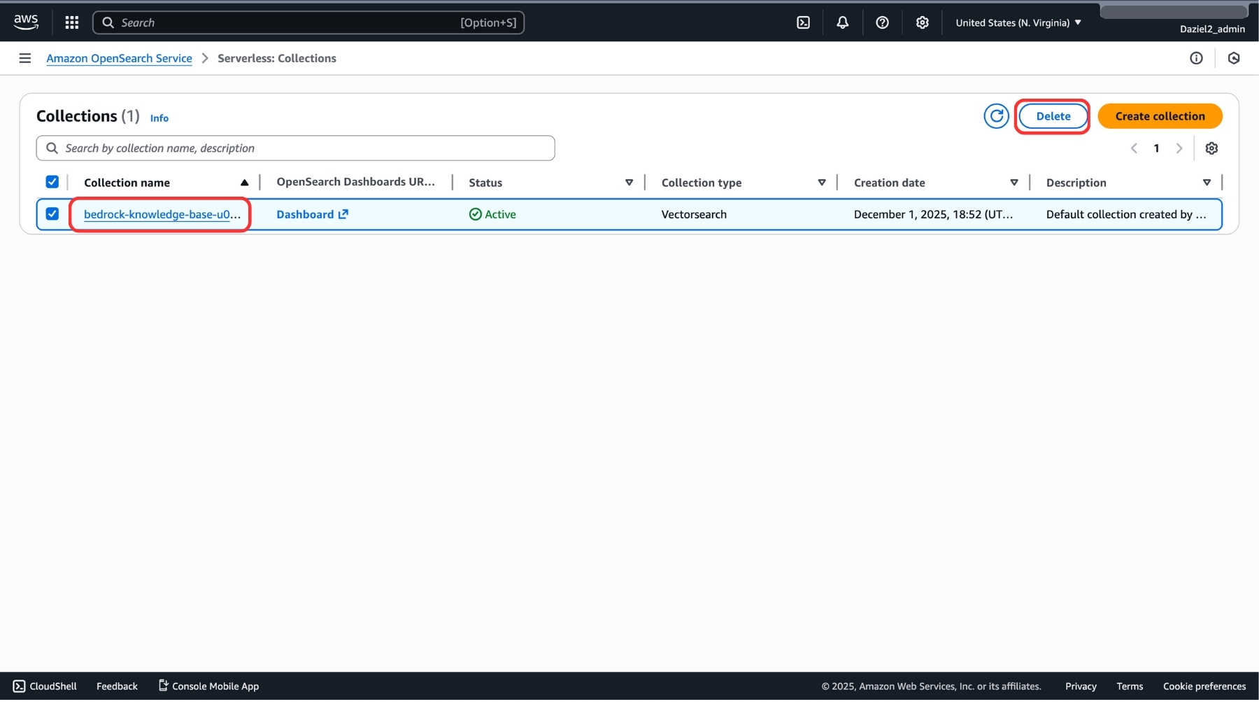 Image illustrating OpenSearch Collection deletion action