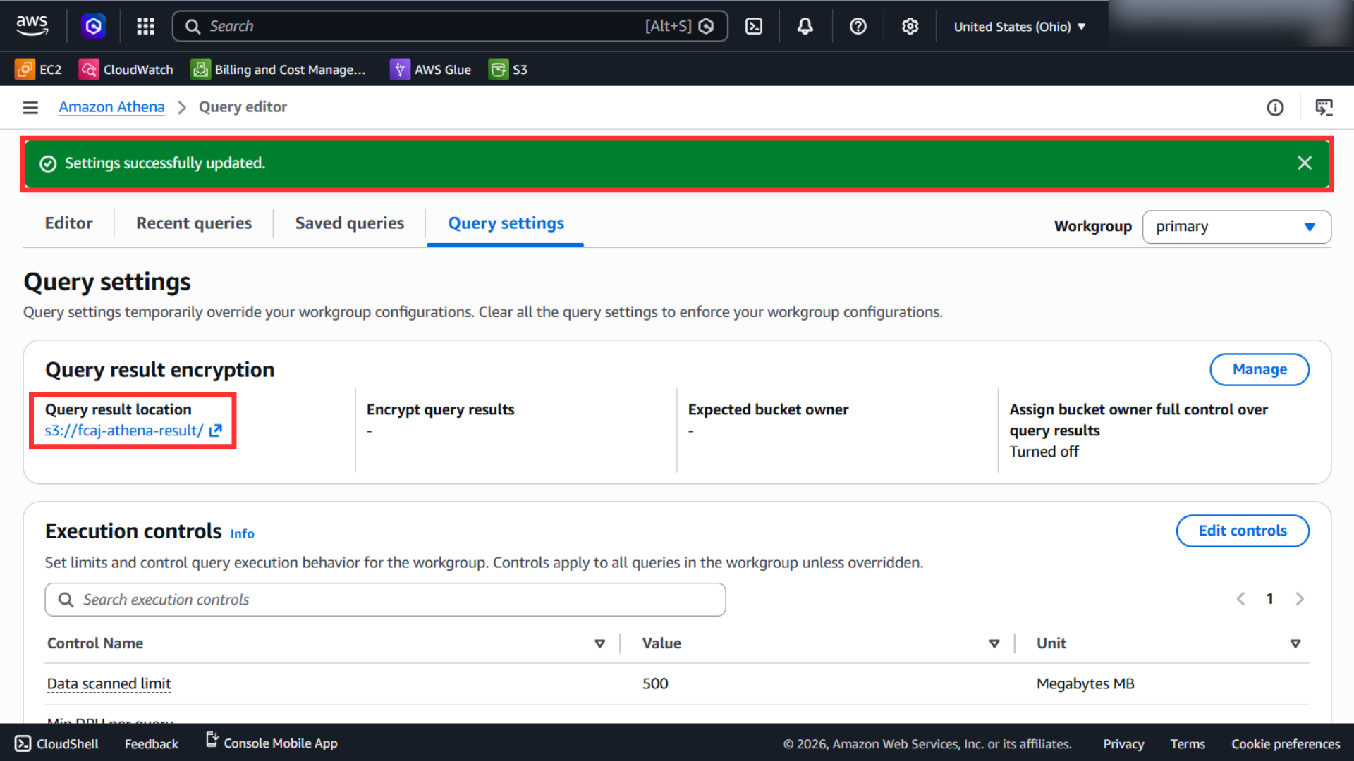Verify Athena query settings