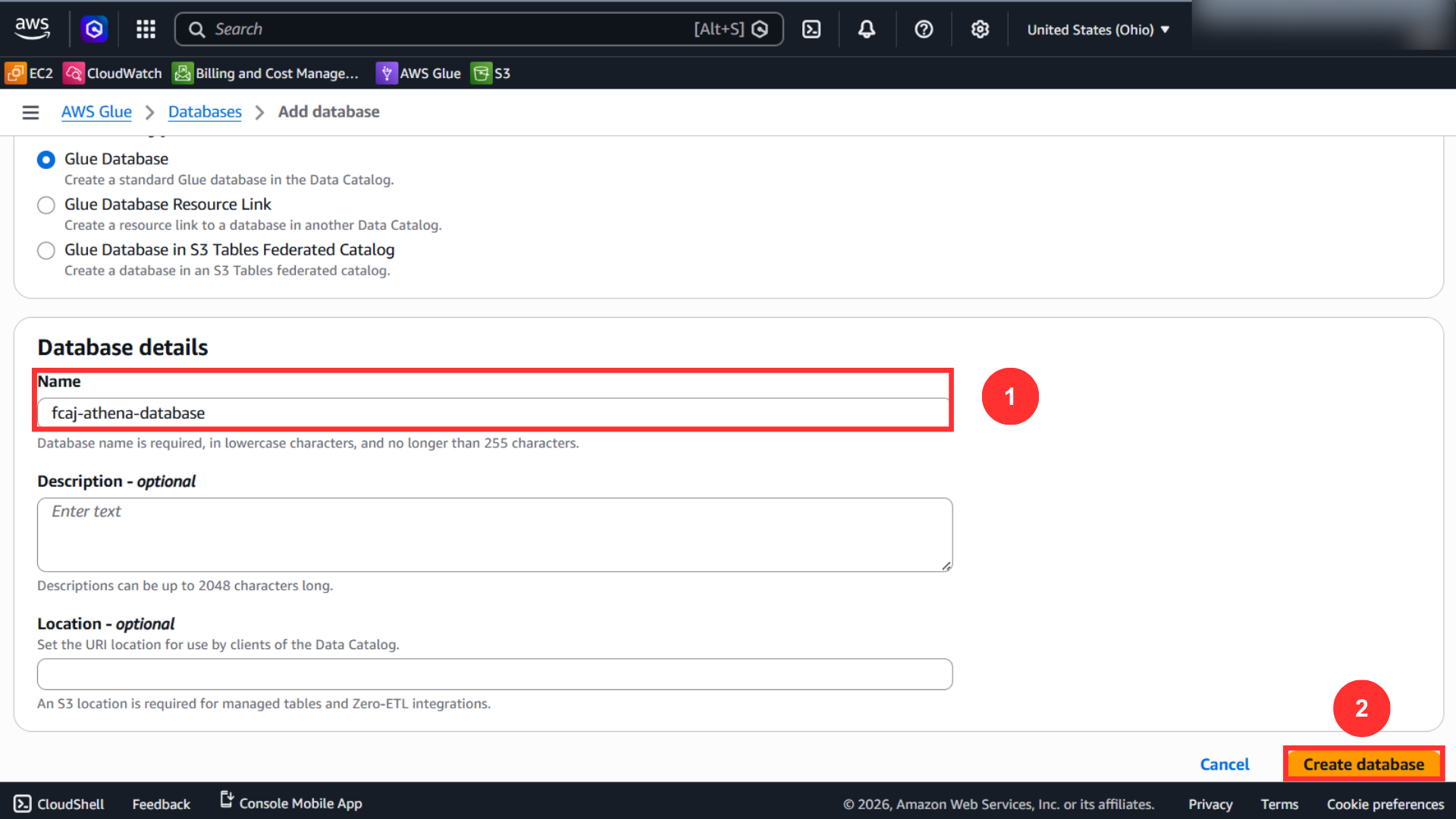 Create Glue database for Athena