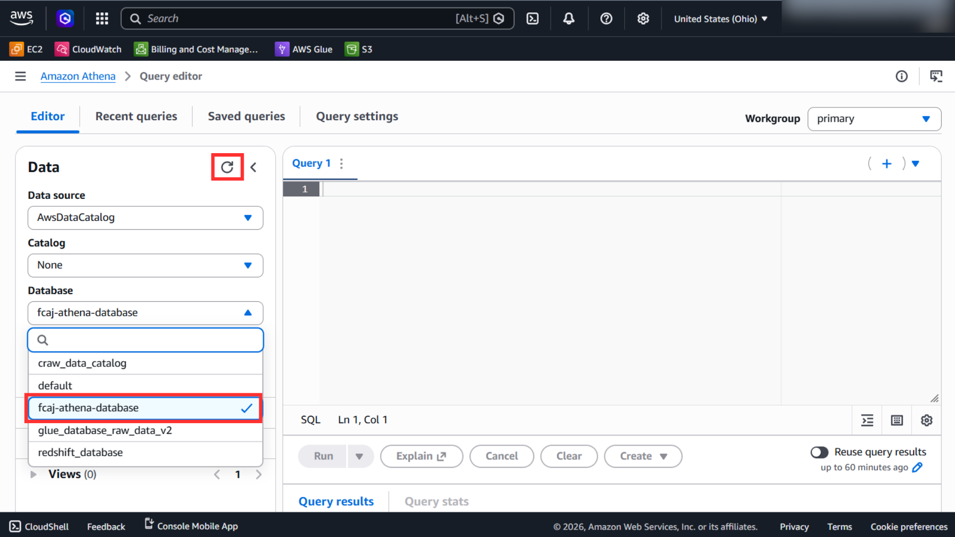 Choose the workshop database in Athena