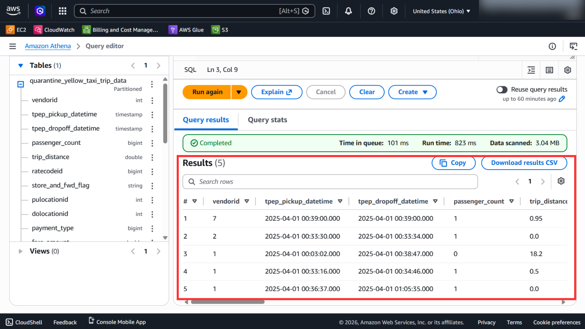 Successful Athena query results