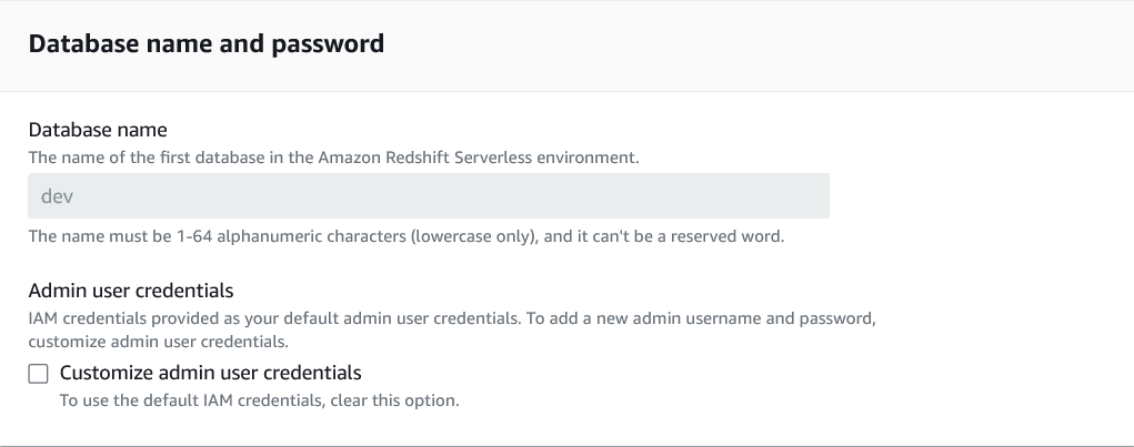 Database name and admin credentials